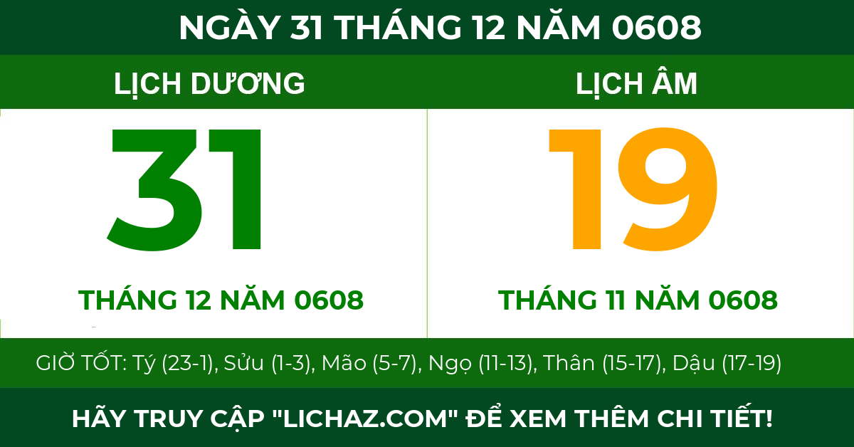 lịch âm ngày 31 tháng 12 năm 0608