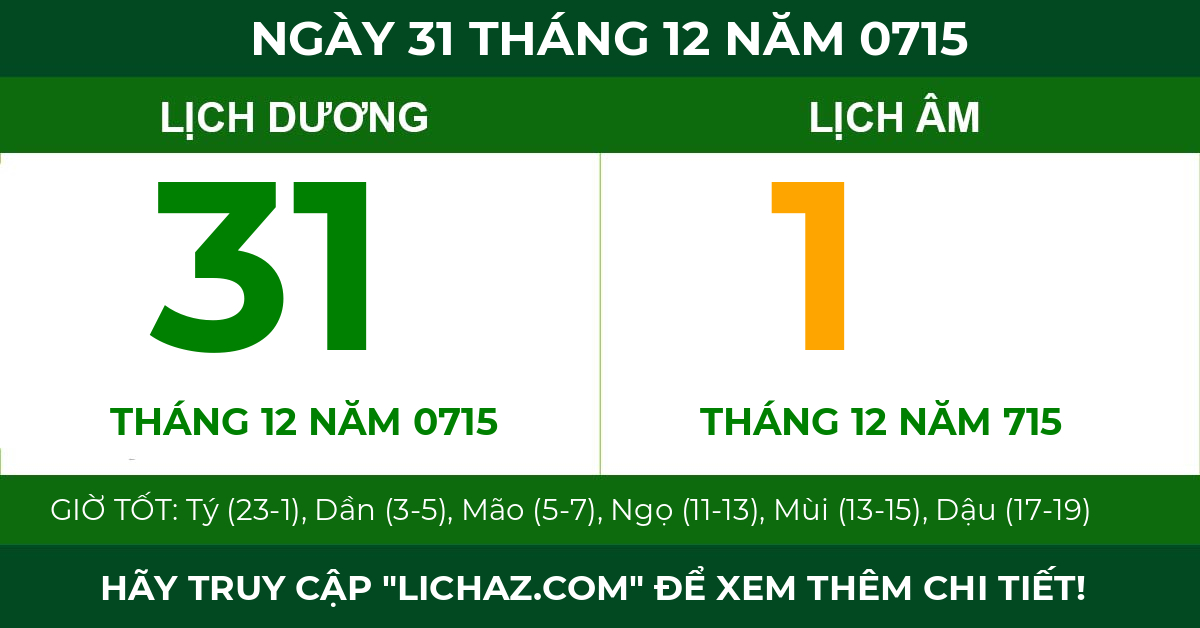 lịch âm ngày 31 tháng 12 năm 0715