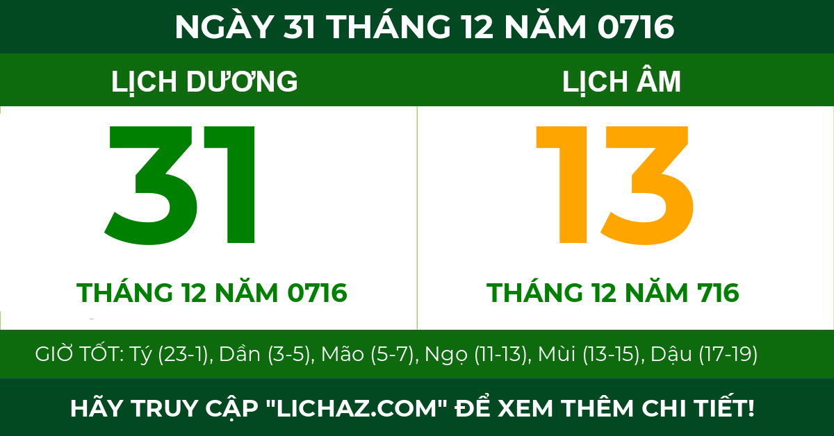 lịch âm ngày 31 tháng 12 năm 0716