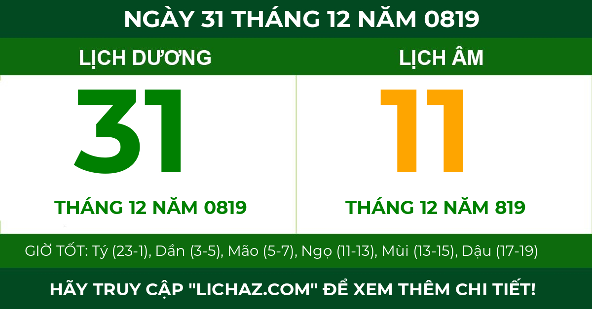lịch âm ngày 31 tháng 12 năm 0819