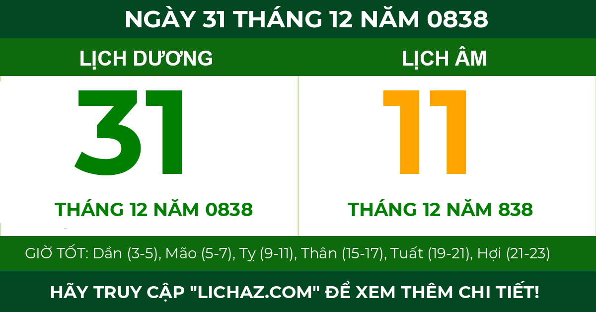 lịch âm ngày 31 tháng 12 năm 0838