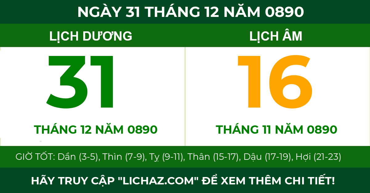 lịch âm ngày 31 tháng 12 năm 0890