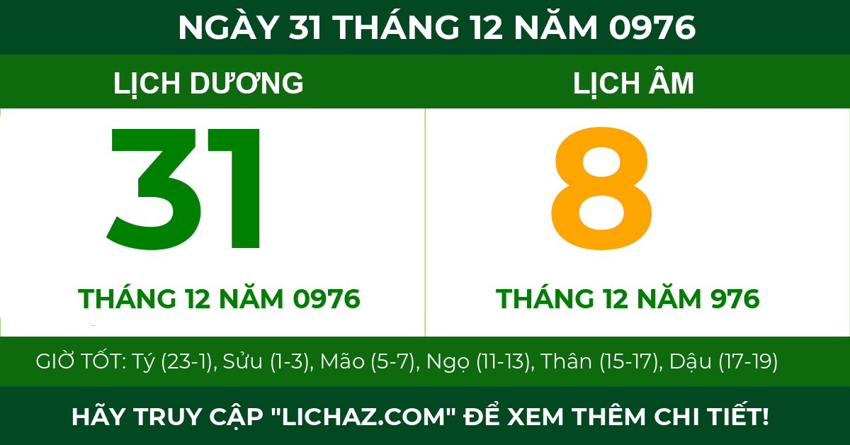 lịch âm ngày 31 tháng 12 năm 0976