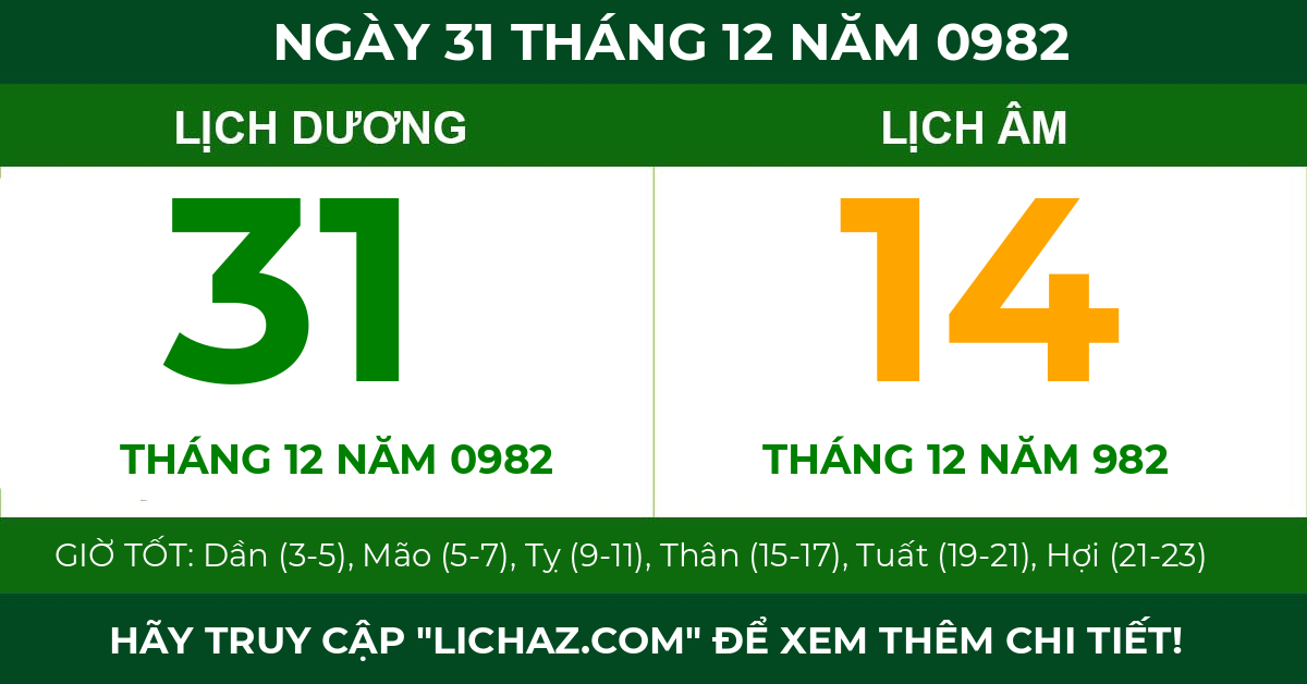 lịch âm ngày 31 tháng 12 năm 0982