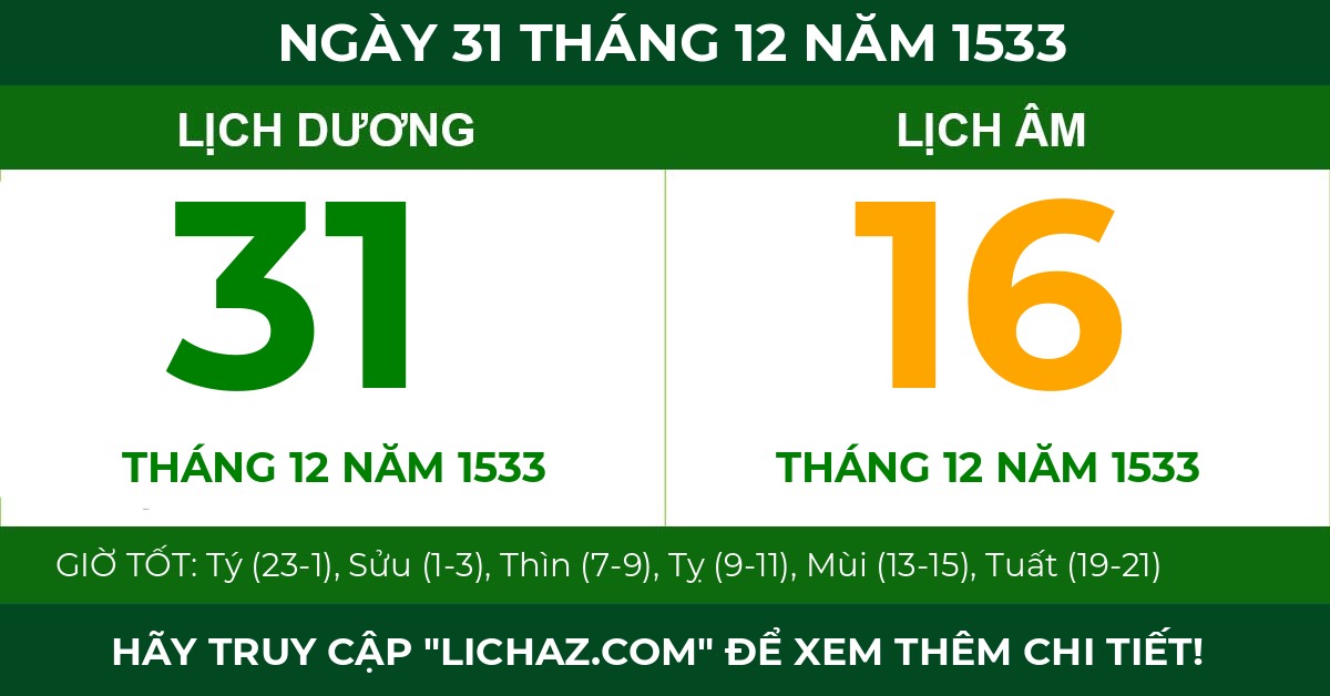 lịch âm ngày 31 tháng 12 năm 1533