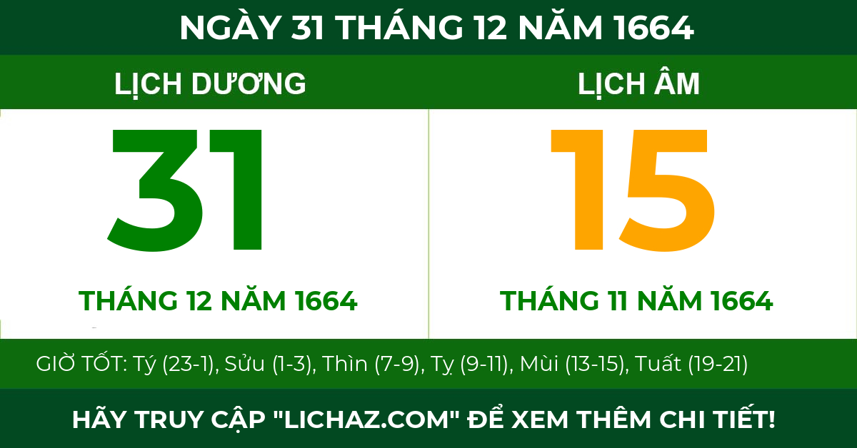 lịch âm ngày 31 tháng 12 năm 1664