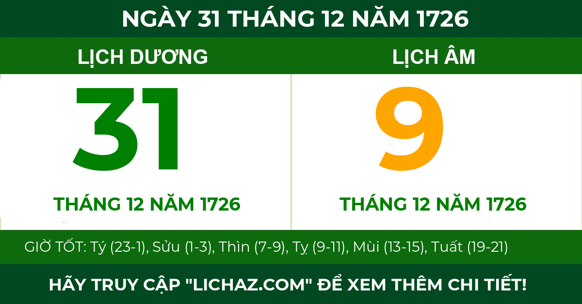 lịch âm ngày 31 tháng 12 năm 1726