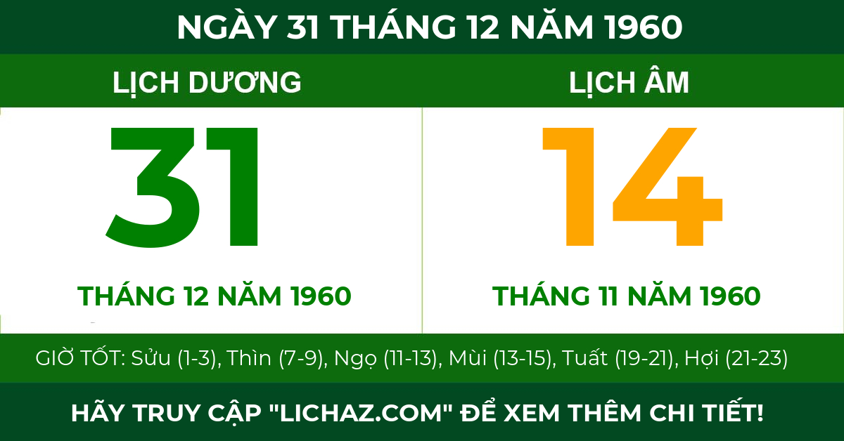 lịch âm ngày 31 tháng 12 năm 1960