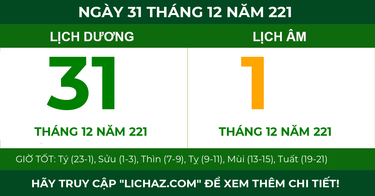 lịch âm ngày 31 tháng 12 năm 221
