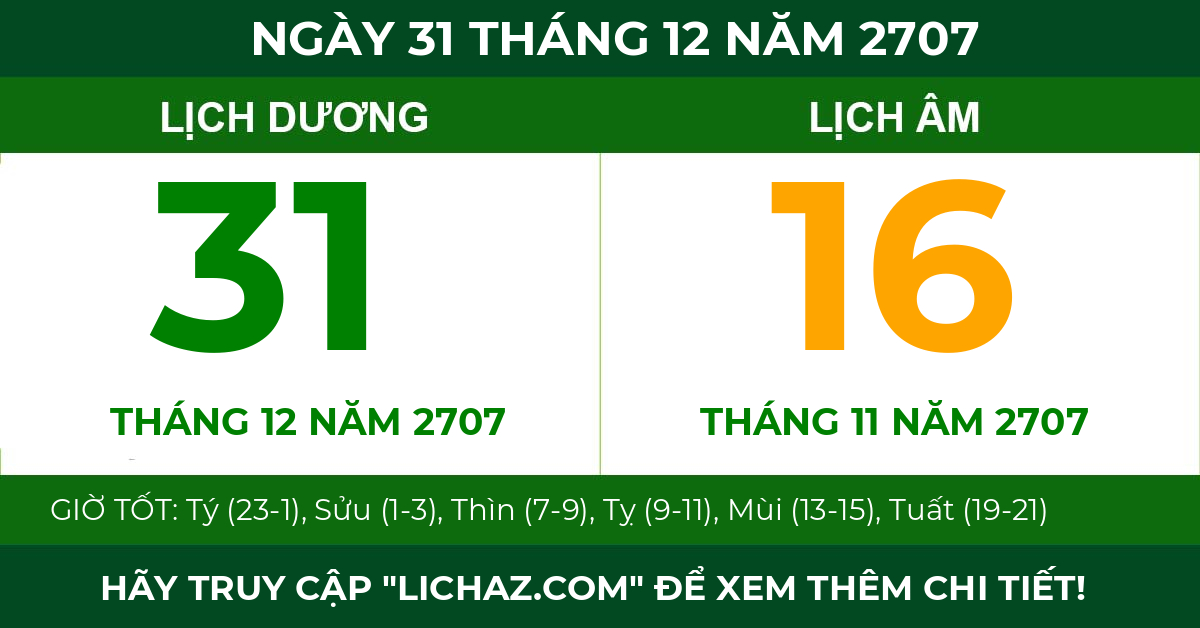lịch âm ngày 31 tháng 12 năm 2707
