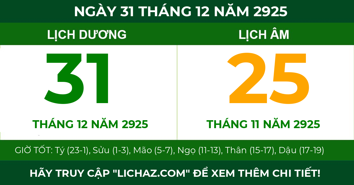 lịch âm ngày 31 tháng 12 năm 2925