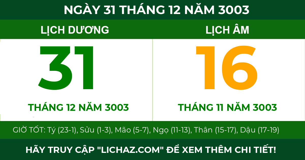 lịch âm ngày 31 tháng 12 năm 3003