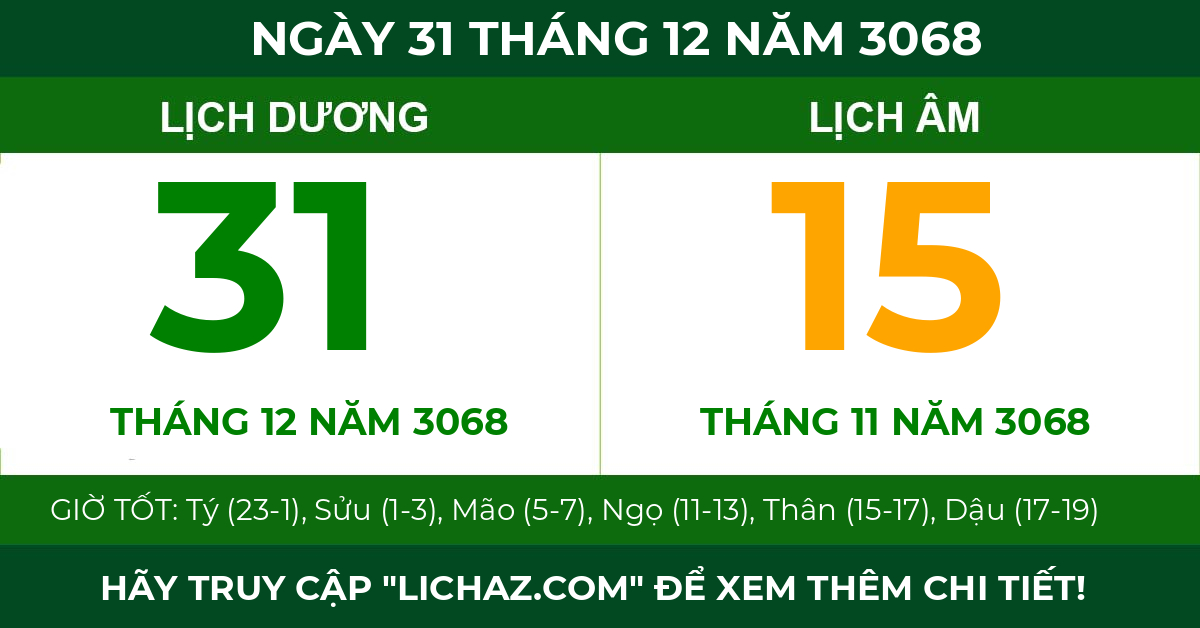lịch âm ngày 31 tháng 12 năm 3068