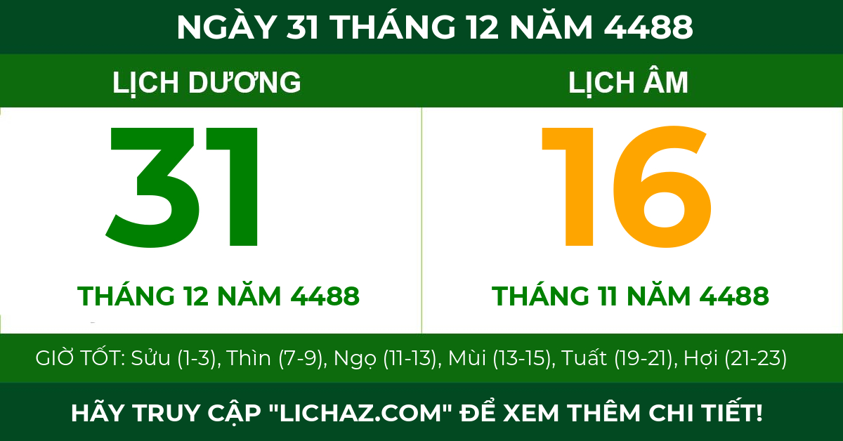 lịch âm ngày 31 tháng 12 năm 4488