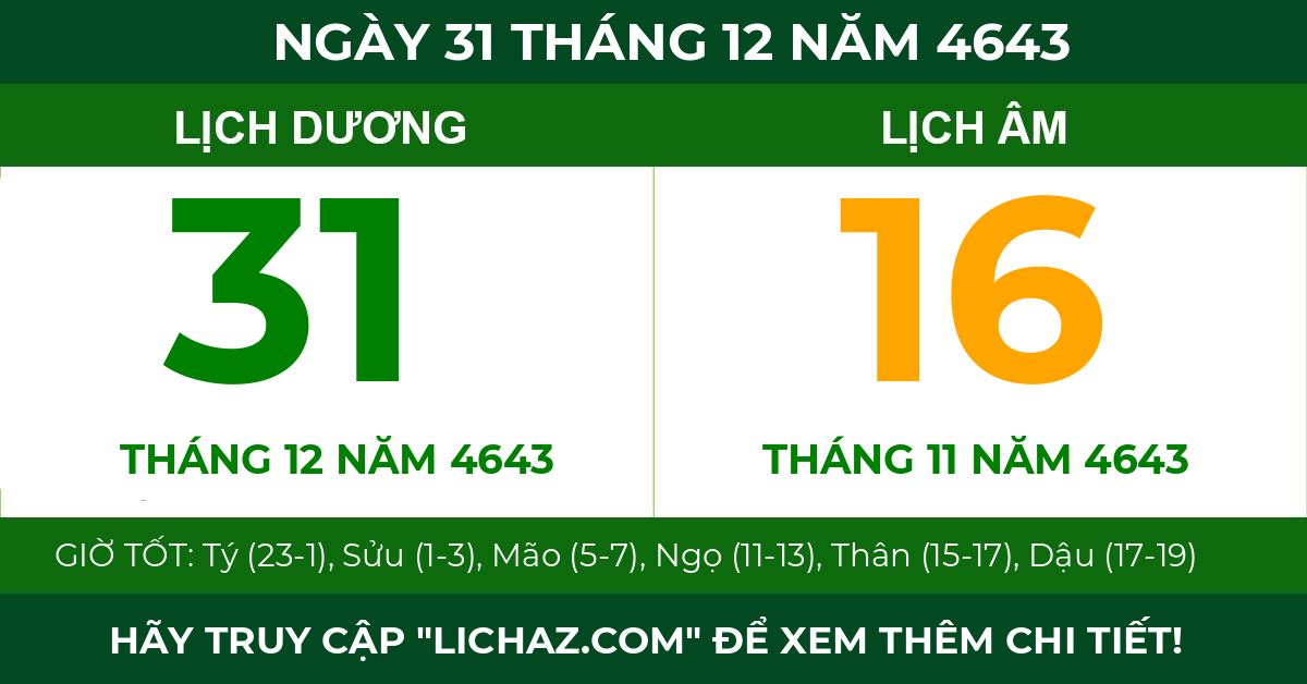 lịch âm ngày 31 tháng 12 năm 4643