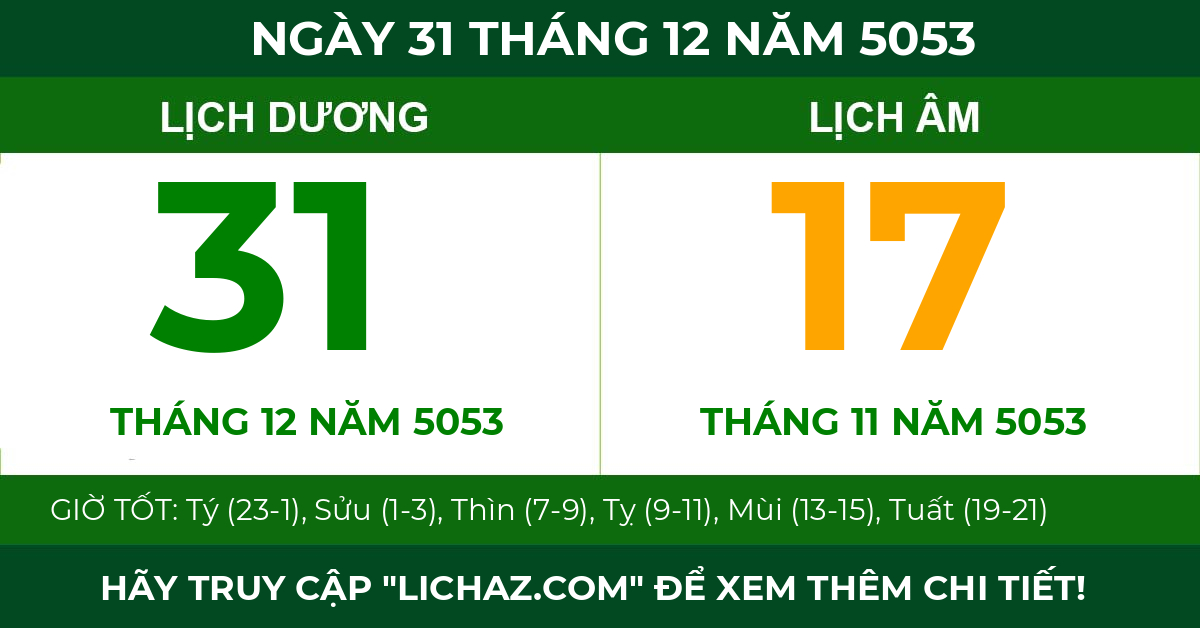 lịch âm ngày 31 tháng 12 năm 5053