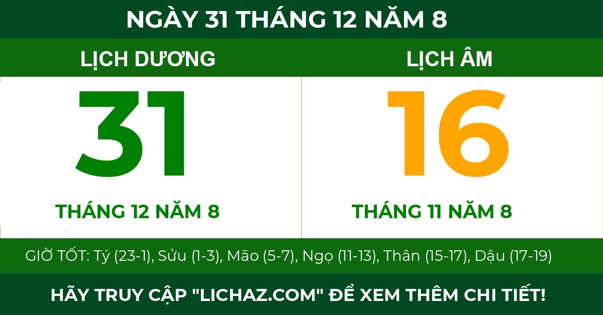 lịch âm ngày 31 tháng 12 năm 8