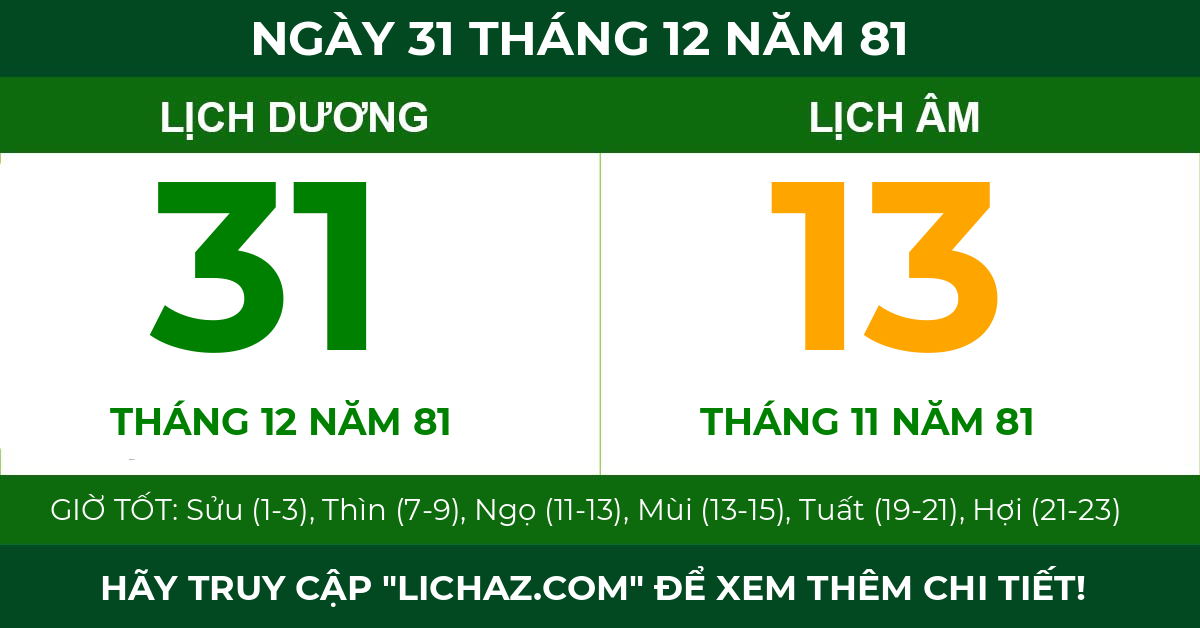 lịch âm ngày 31 tháng 12 năm 81