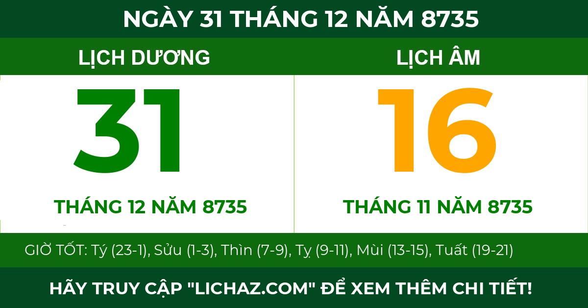 lịch âm ngày 31 tháng 12 năm 8735