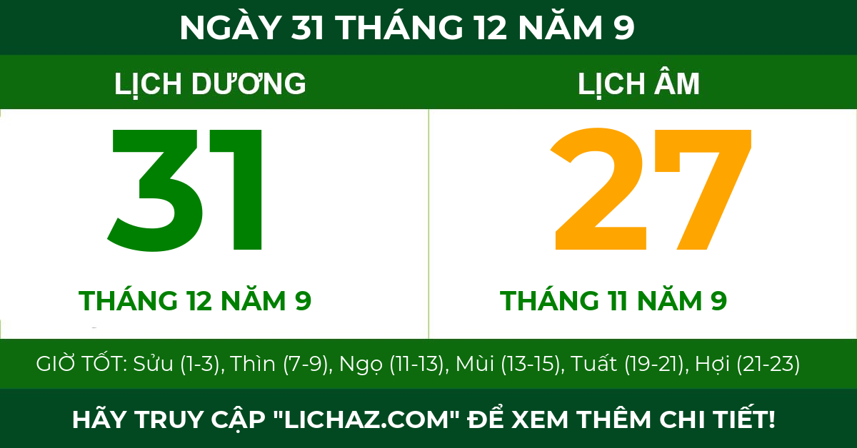 lịch âm ngày 31 tháng 12 năm 9