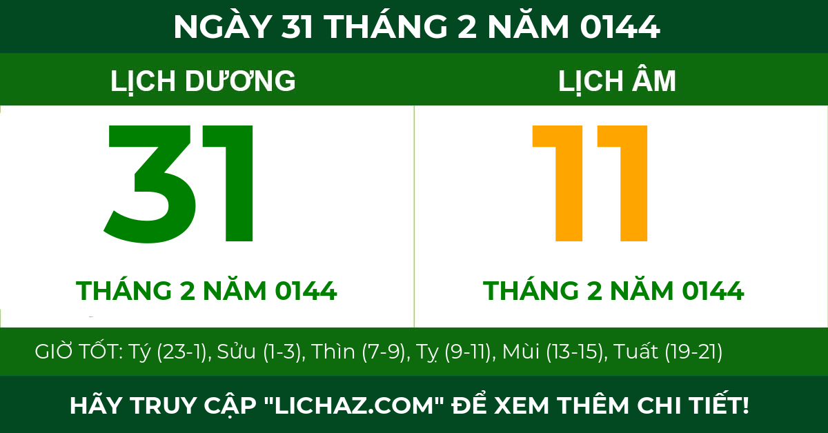 lịch âm ngày 31 tháng 2 năm 0144