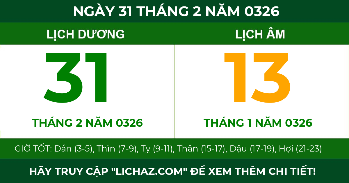 lịch âm ngày 31 tháng 2 năm 0326