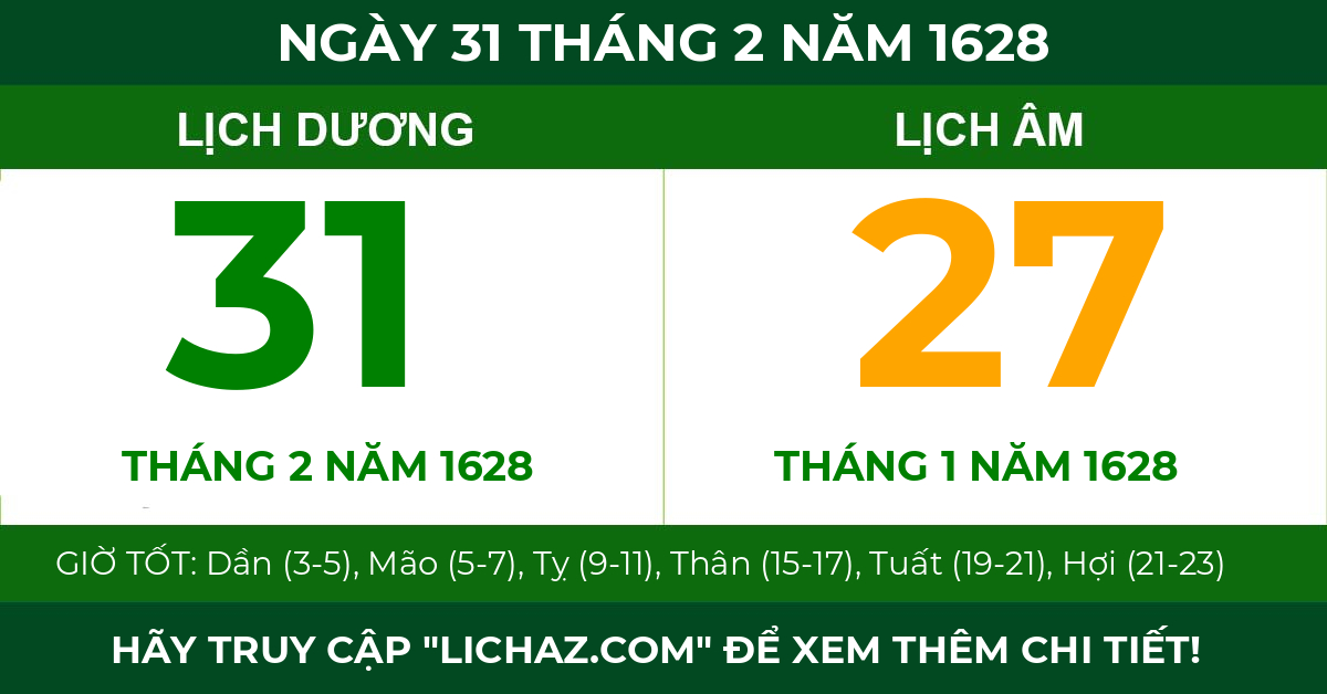 lịch âm ngày 31 tháng 2 năm 1628