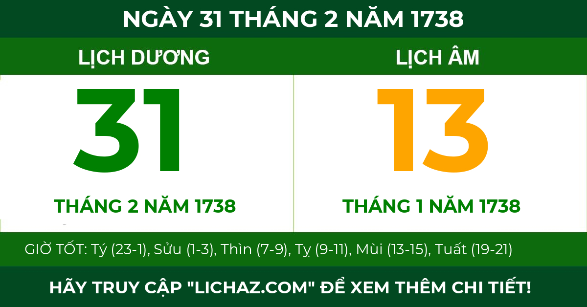 lịch âm ngày 31 tháng 2 năm 1738