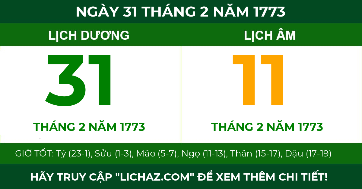 lịch âm ngày 31 tháng 2 năm 1773