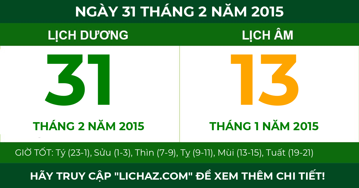lịch âm ngày 31 tháng 2 năm 2015