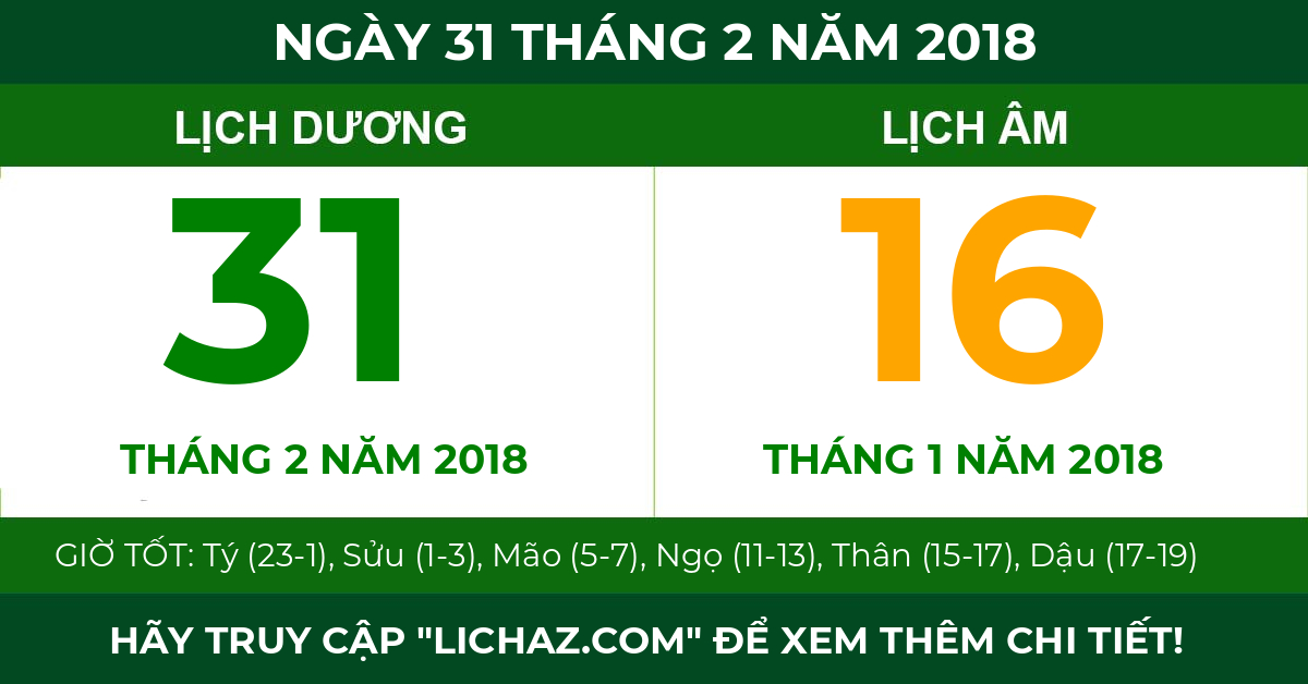 lịch âm ngày 31 tháng 2 năm 2018
