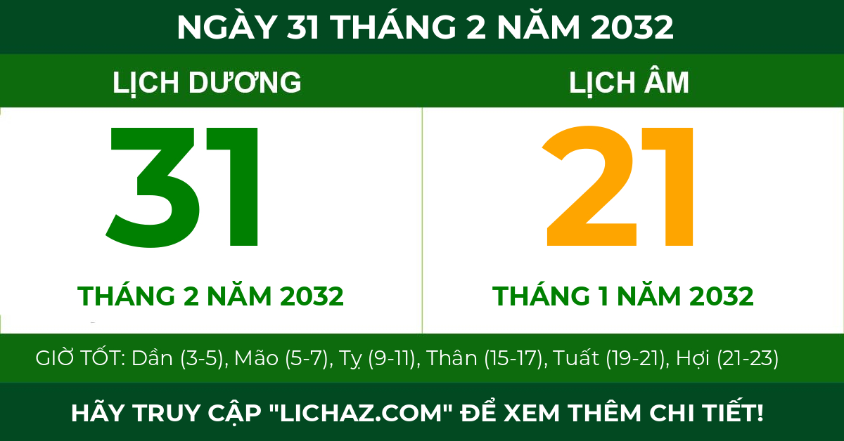 lịch âm ngày 31 tháng 2 năm 2032