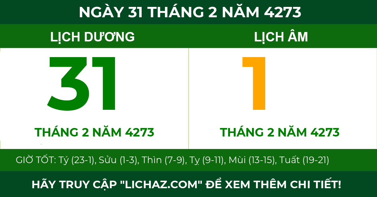 lịch âm ngày 31 tháng 2 năm 4273