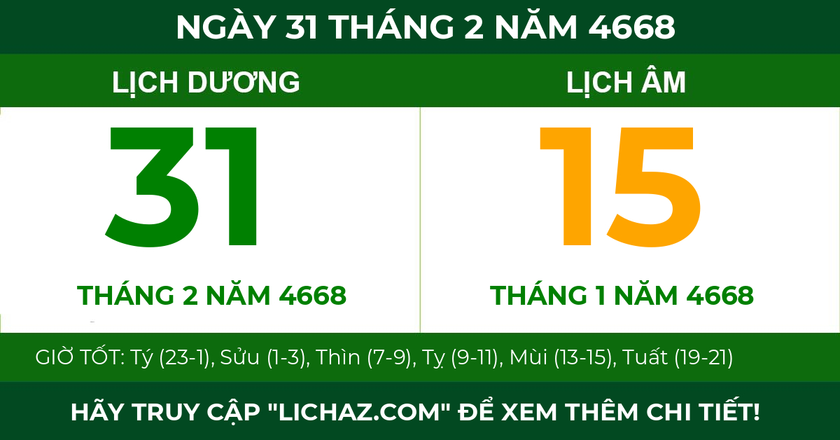lịch âm ngày 31 tháng 2 năm 4668