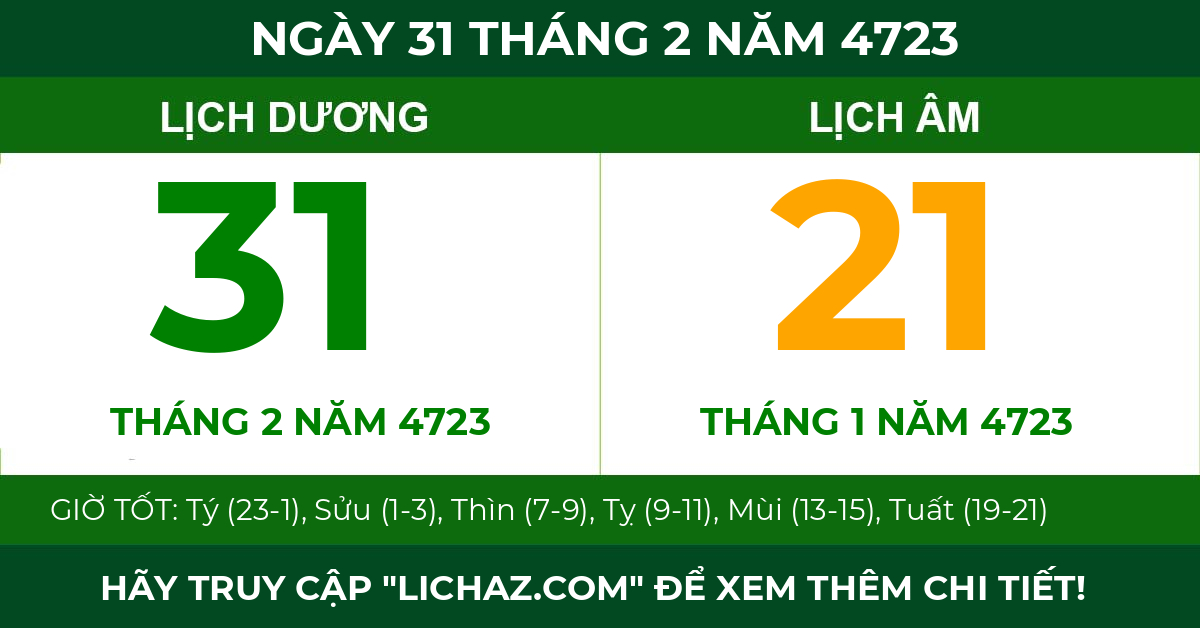 lịch âm ngày 31 tháng 2 năm 4723