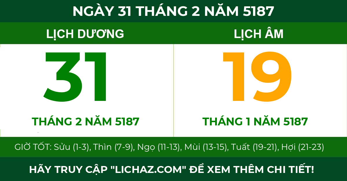 lịch âm ngày 31 tháng 2 năm 5187