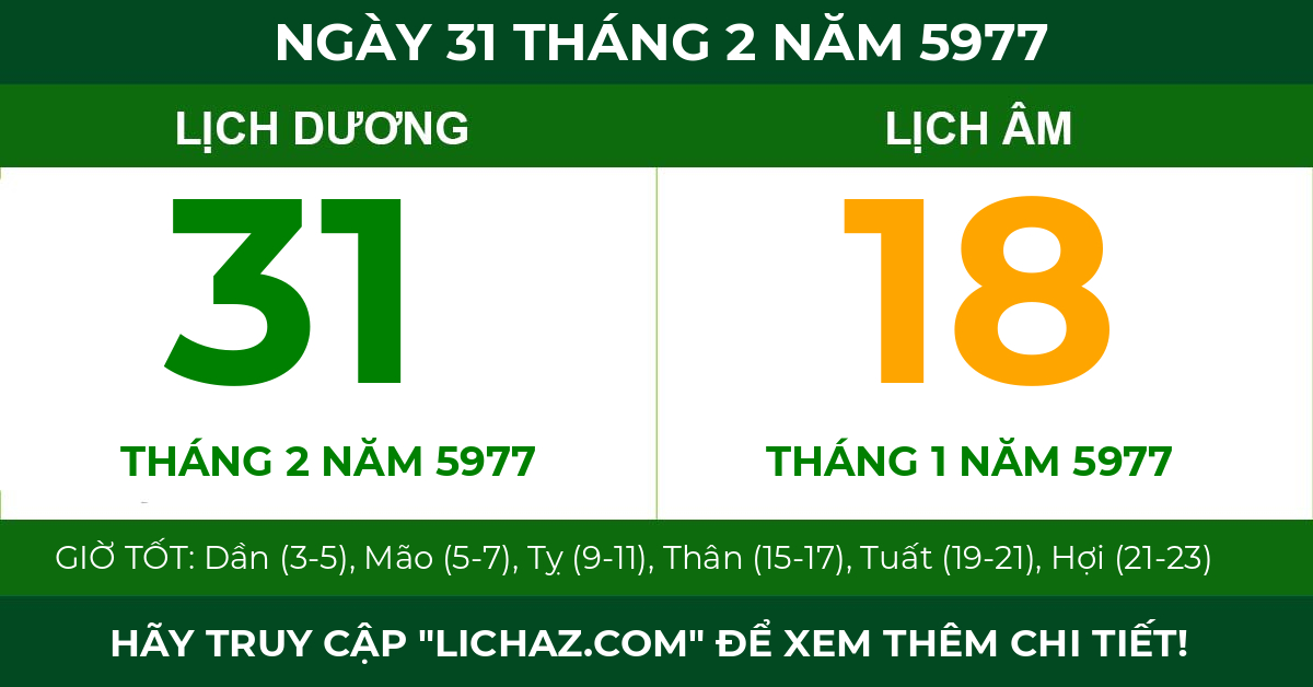 lịch âm ngày 31 tháng 2 năm 5977