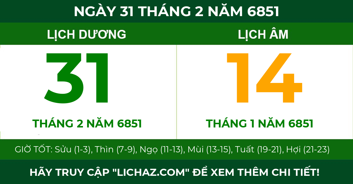 lịch âm ngày 31 tháng 2 năm 6851