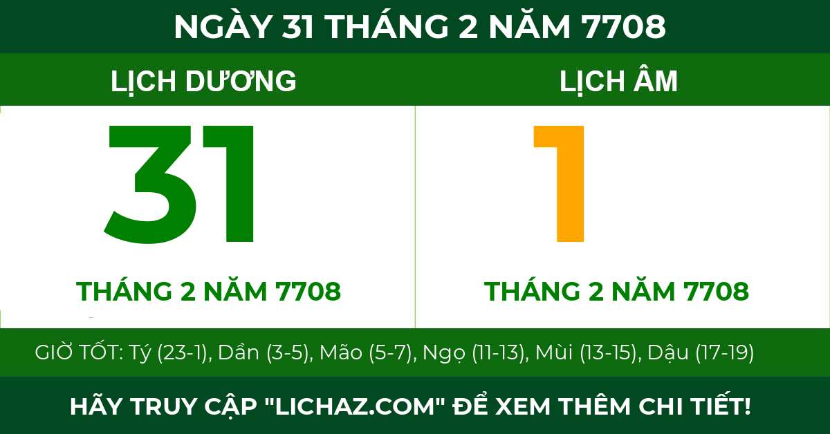 lịch âm ngày 31 tháng 2 năm 7708