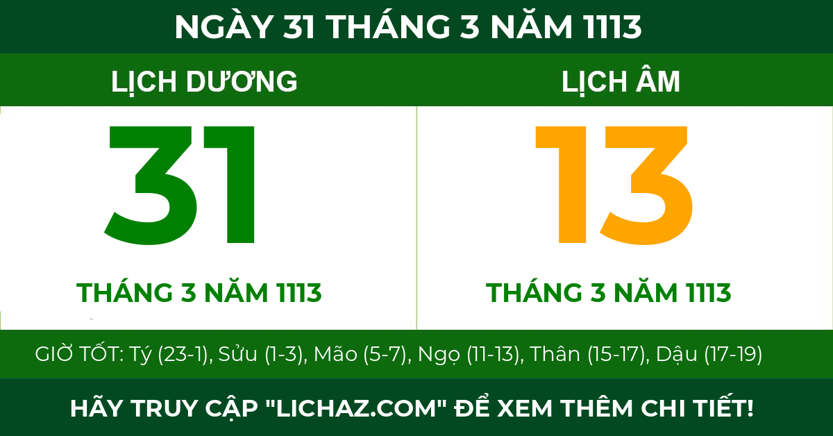 lịch âm ngày 31 tháng 3 năm 1113