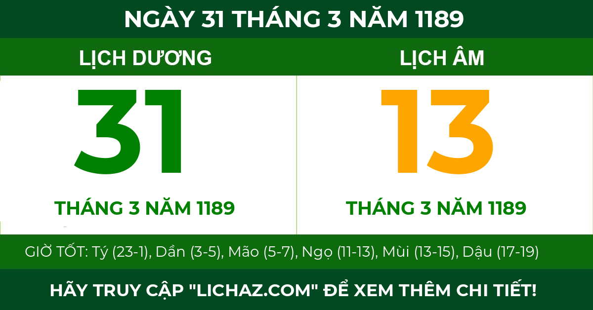 lịch âm ngày 31 tháng 3 năm 1189