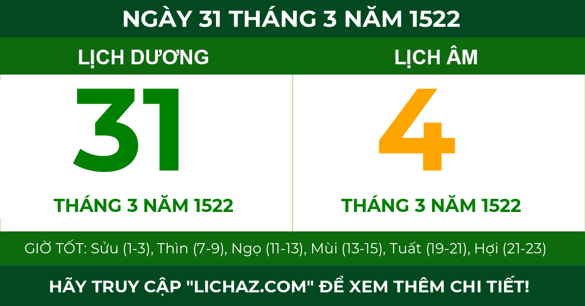 lịch âm ngày 31 tháng 3 năm 1522