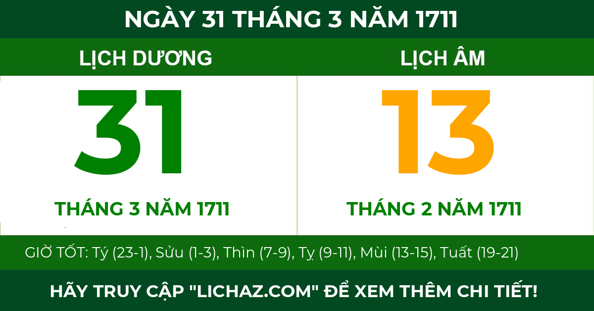 lịch âm ngày 31 tháng 3 năm 1711