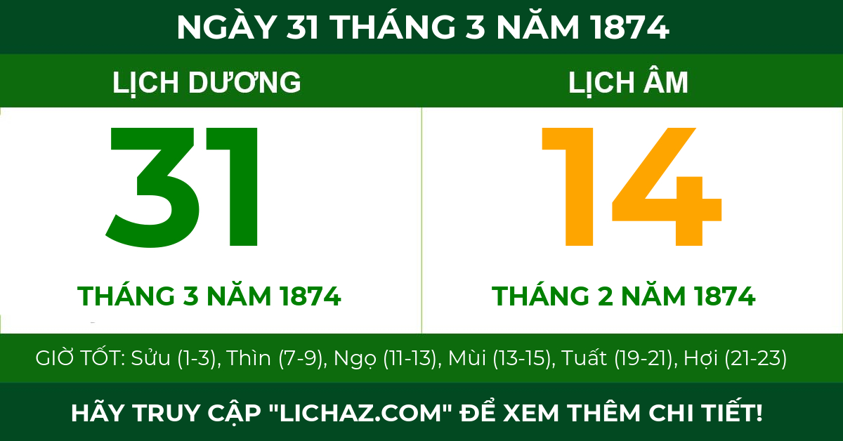 lịch âm ngày 31 tháng 3 năm 1874