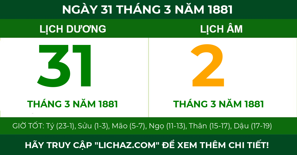 lịch âm ngày 31 tháng 3 năm 1881