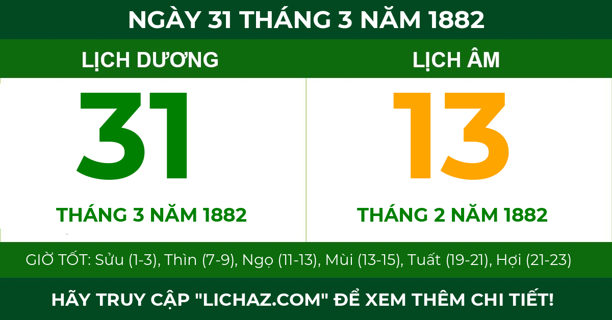 lịch âm ngày 31 tháng 3 năm 1882