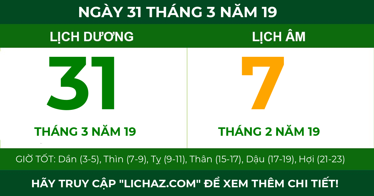 lịch âm ngày 31 tháng 3 năm 19