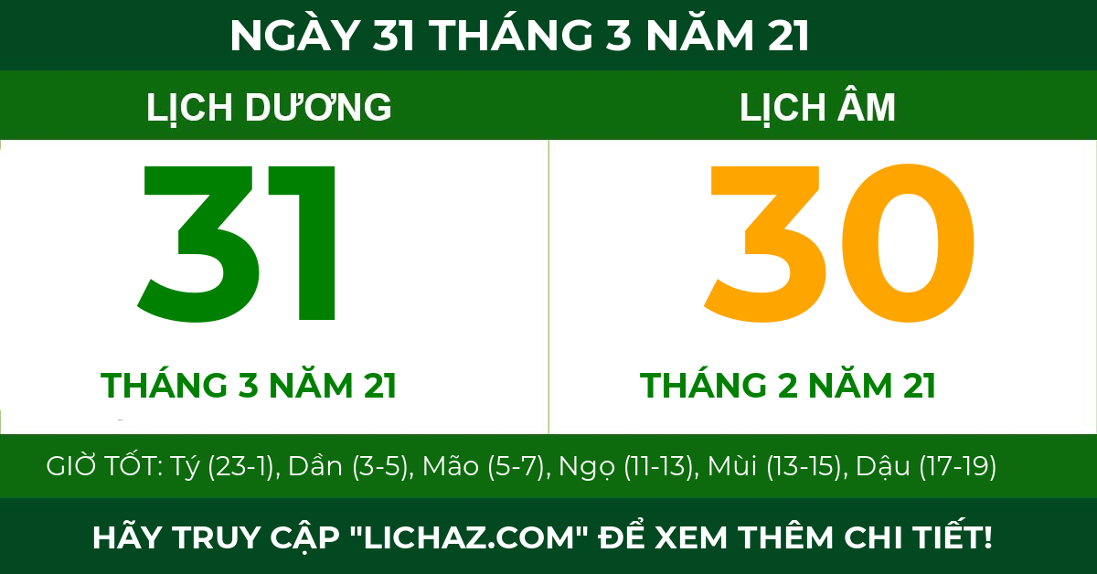 lịch âm ngày 31 tháng 3 năm 21