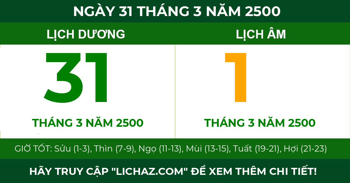 lịch âm ngày 31 tháng 3 năm 2500