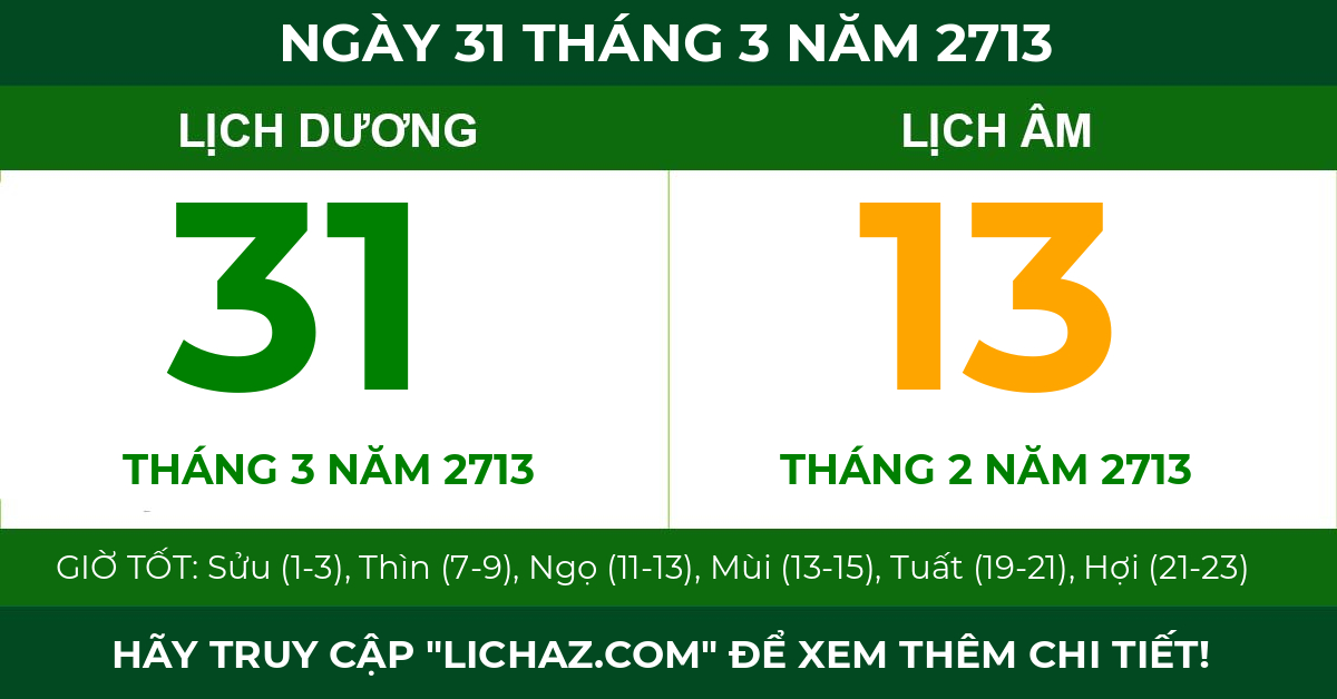 lịch âm ngày 31 tháng 3 năm 2713